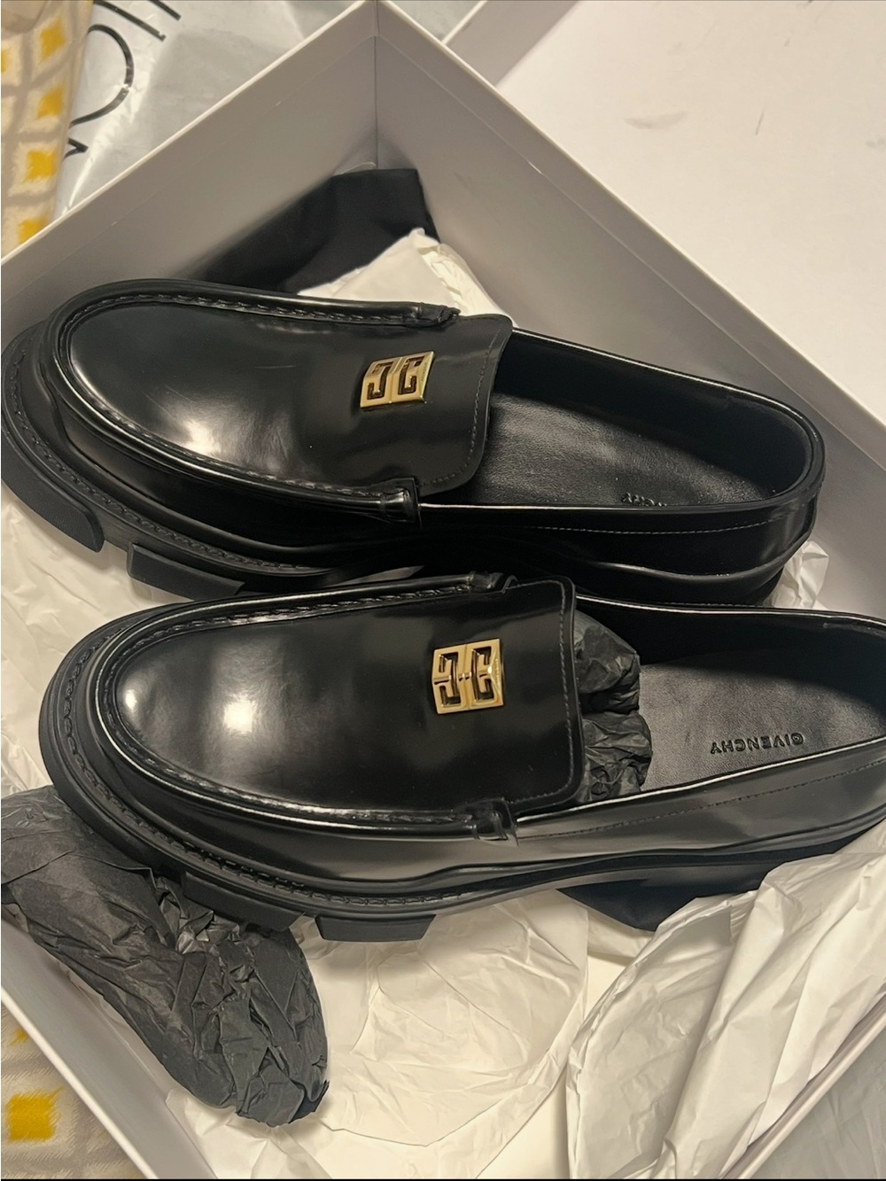 Givenchy Black Leather Loafers with Gold Logo Accent